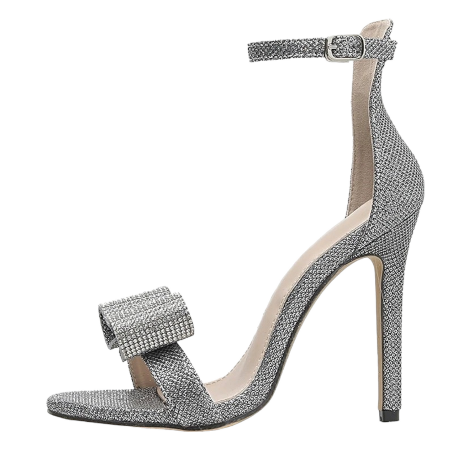 Silver Glitter Heels with Rhinestone Bow