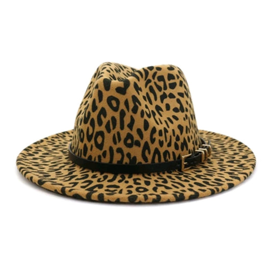 Light brown Leopard Fedora with Belt Strap