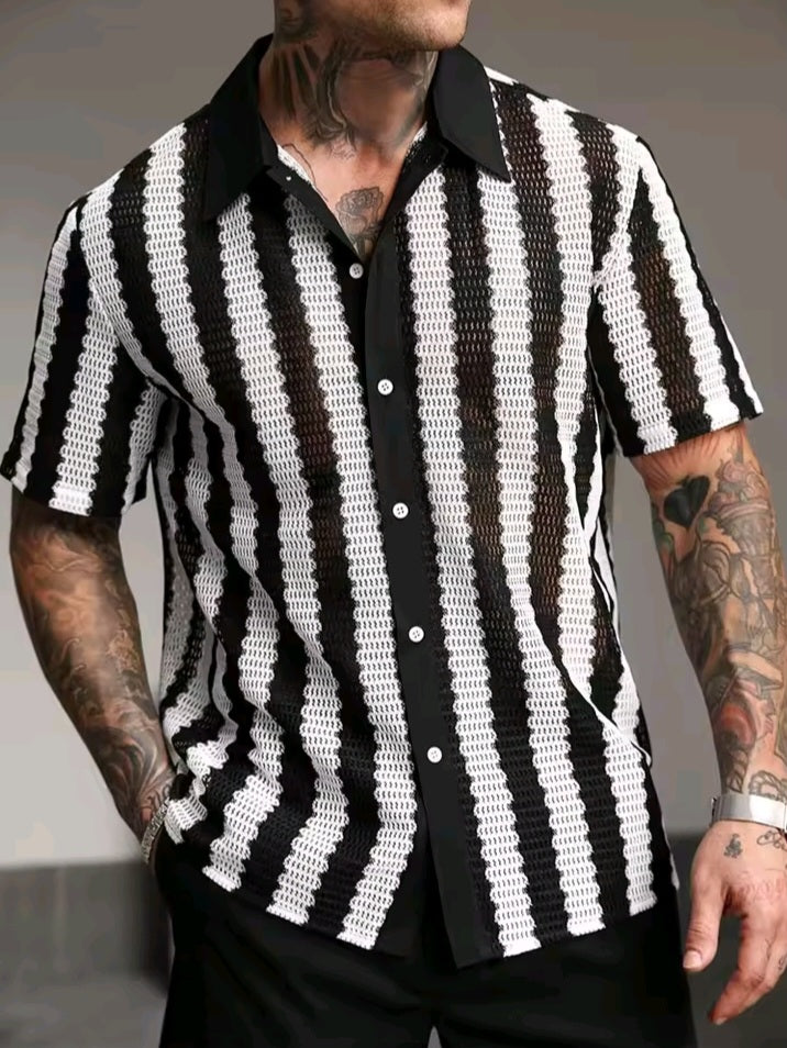 Mens striped knit button up